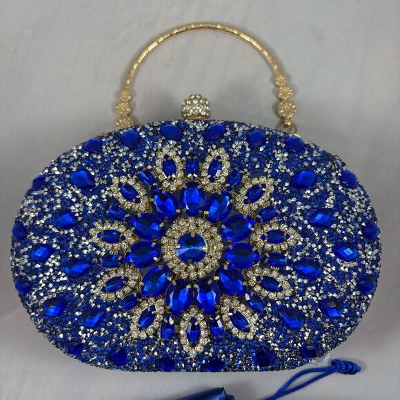 VERANO HILL Blue Crystal Jeweled Evening Clutch with Chain Strap - Picture 6 of 7
